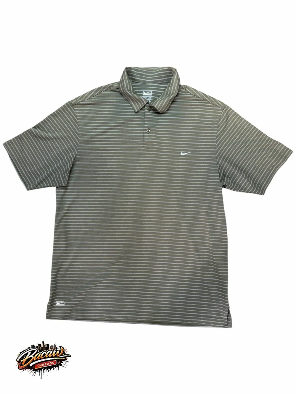 Nike Performance Men's L Green White Striped Short Sleeve Button Golf Polo